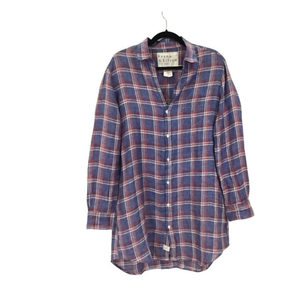 Frank & Eileen Mary Linen Button Front Shirtdress Blue Red Plaid Size Medium - Picture 3 of 10
